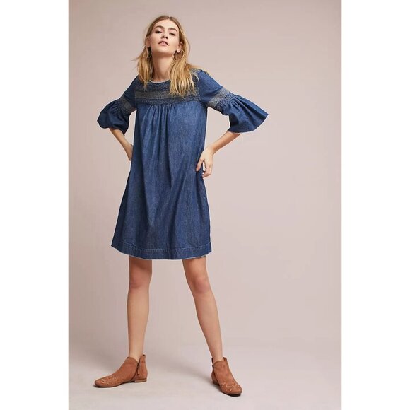 Anthropologie Current/Elliot Embroidered Denim Tunic Dress 1 Small - Picture 1 of 8